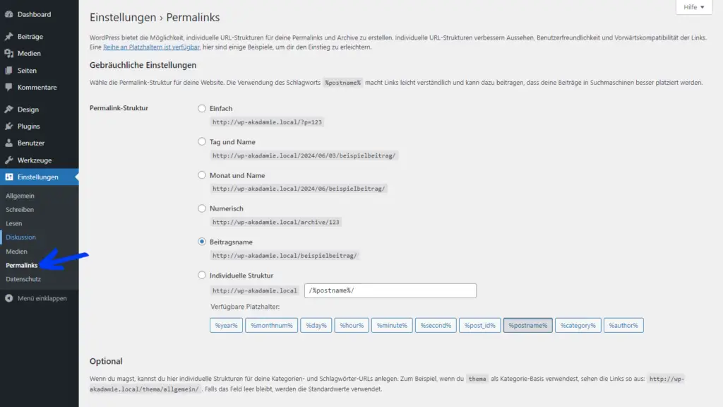 WP Dashboard Permalinks