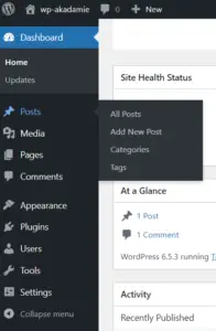 WP Dashboard menu