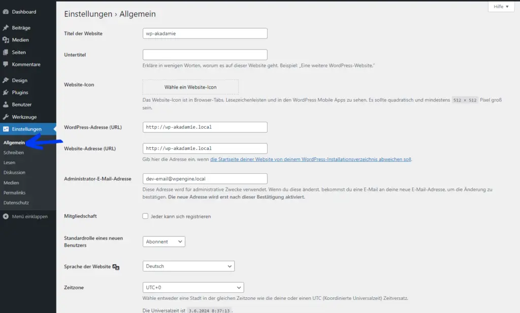 WP Einstellungen Allgemein