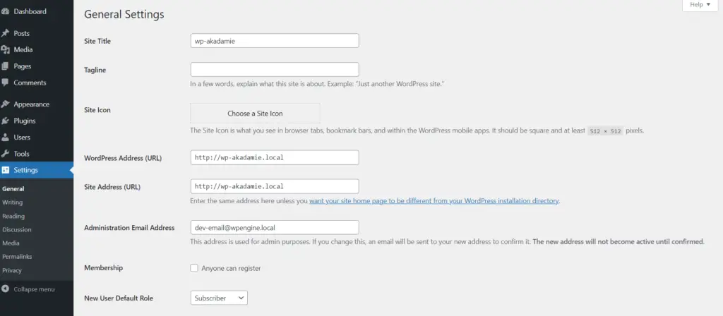 wp general settings